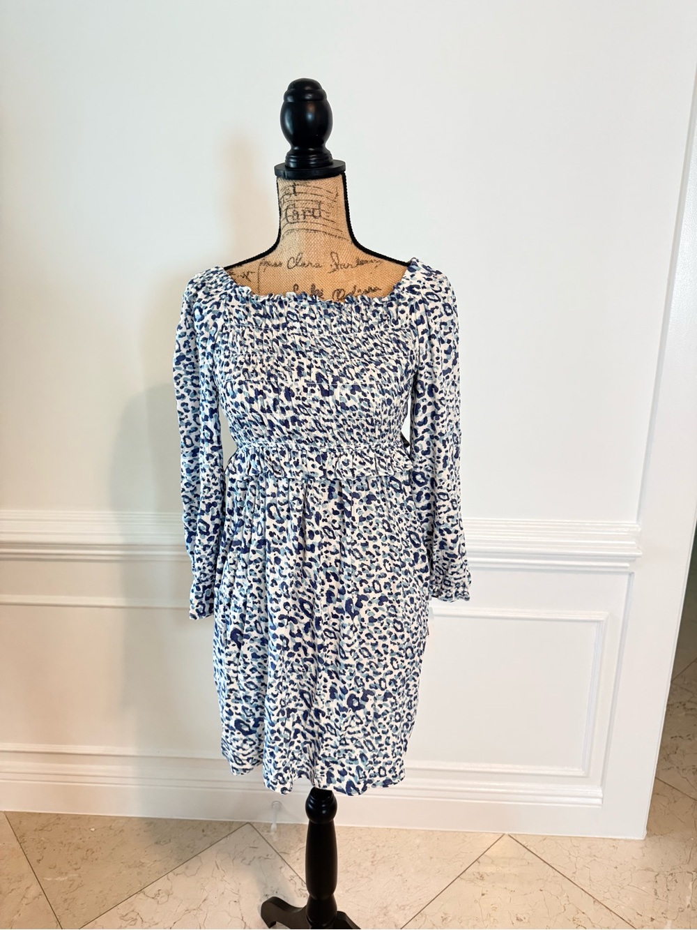 Smocked Blue Leopard Print Women’s Dress